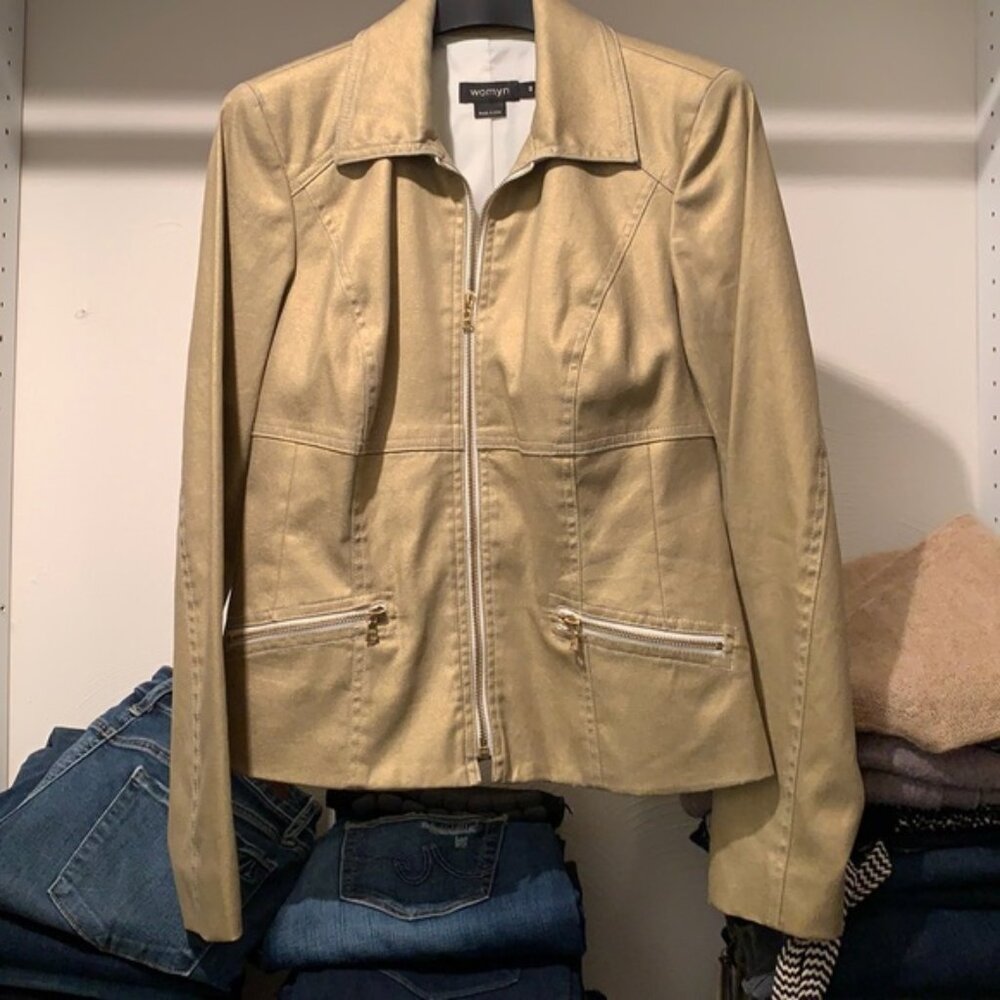Womyn gold blazer jacket. Size 0. NWOT NEVER WORN jean jacket. Bomber jacket